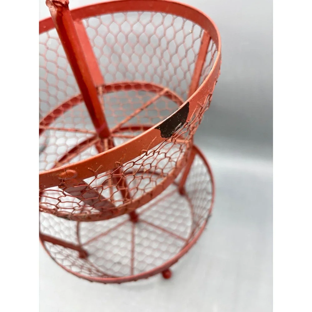 Vintage Red Metal Rooster 2 Tier Chicken Wire Basket Farmhouse Fruit Stand 14.5